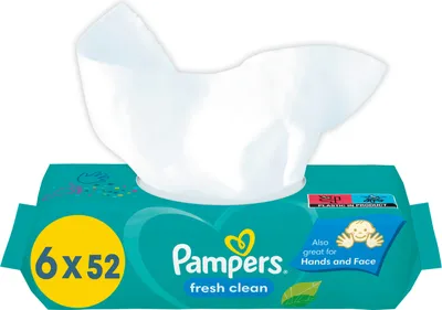 A pack of Pampers baby wipes with one wipe pulled out.