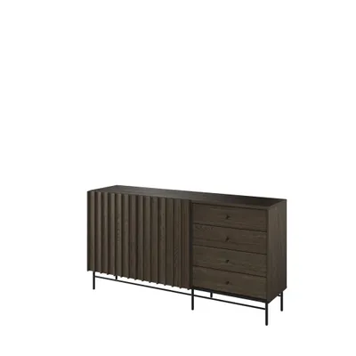 A dark wood sideboard with fluted doors and drawers on black metal legs, shown against a white background.