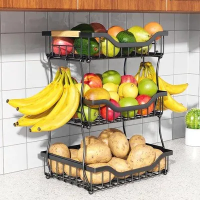 Produktbild von Famanu Obstschale 3 Ebenen - Organizer mit Bananenhaltern, Hängend und Stehend