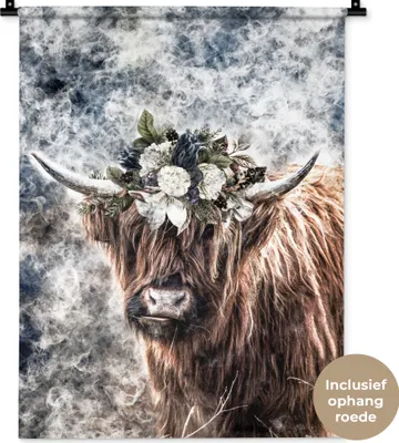 Produktbild von MuchoWow® Wandteppich Wandbehang Schottisches Hochlandrind - Rauch - Blumen 60x80 cm Tapisserie Dekoration Wandtuch - Decke - Wandtücher - Wohne