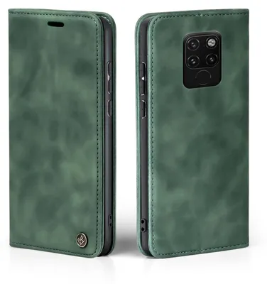 A green flip case for a smartphone, shown from two angles.