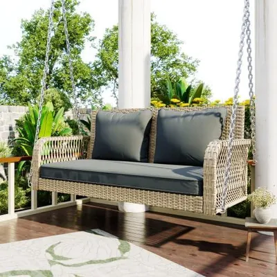 Produktbild von Gartenschaukel 2-Sitzer aus Polyrattan, Wetterfest, mit Abnehmbaren Sitz- & Rückenkissen, Beiges Rattan für Balkon & Terrasse