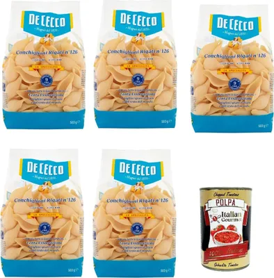 Produktbild von De Cecco Le Specialità Conchiglioni Rigati N°126, 100% Italienisch Pasta Nudeln 5x 500g + Italian Gourmet Polpa 400g