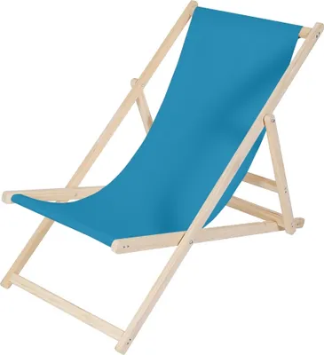 A blue canvas deck chair with a wooden frame, shown from a side angle against a white background.