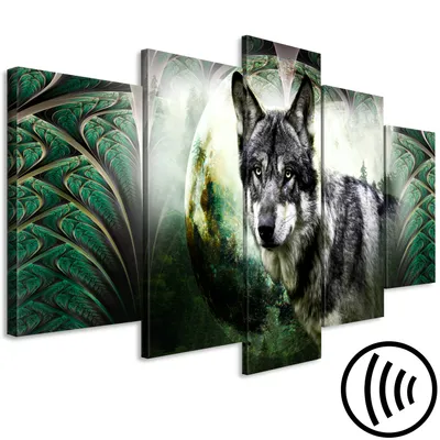 Produktbild von Akustikbild Tier 200x100 cm Bilder Hochleistungsschallabsorber Schallschutz Vlies Leinwand Akustikdämmung 5 tlg Wandbild Raumakustik Schalldämmung Wolf Abstrakt g-A-0257-b-m