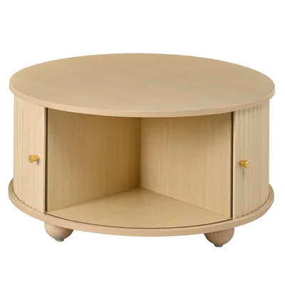 Produktbild von Merax Couchtisch rund mit Schiebetüren und 4 Fächer, Wohnzimmertisch aus MDF, Beistelltisch mit Stauraum und Metallfüße, Retro Design, Natur