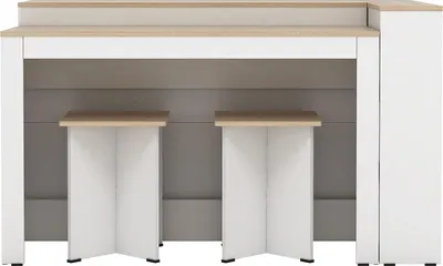 Produktbild von Kücheninsel-Set + 2 Barhocker - Weiß und natürliches Licht - NUSICE