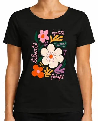 Imagen del producto de Camiseta para mujer, negra, talla XL, con estampado que dice: "Liberté Égalité Fckafd Blumen Freiheit", con un diseño floral y un toque de sarcasmo