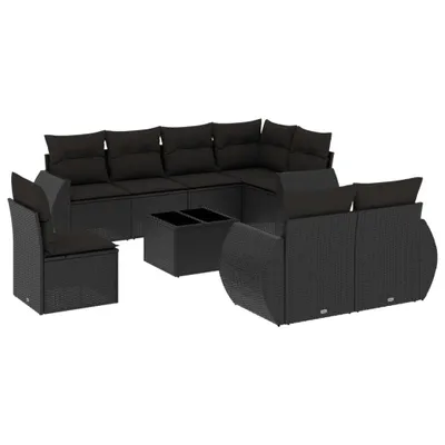 Produktbild von vidaXL 9-tlg. Garten-Sofagarnitur mit Kissen Schwarz Poly Rattan