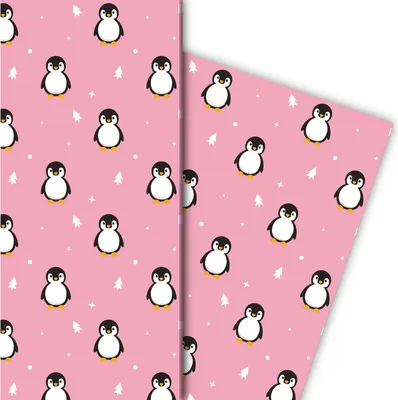 Produktbild von Süßes Weihnachtspapier mit Pinguinen und Weihnachtsbäumen, rosa, 32 x 48cm - G9823, 32 x 48cm
