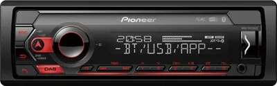 A close-up, front-facing studio shot of a Pioneer car stereo receiver.