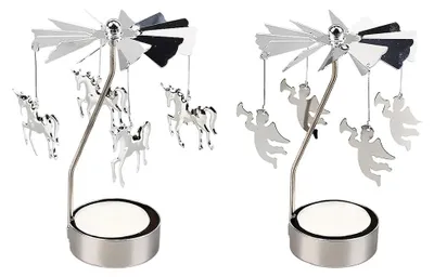 Produktbild von XFSRG 2 Stück Teelichtkarussell mit Hängefiguren Teelicht Karussell Karussellkerzenhalter Drehbarer Kerzenhalter Teelichthalter Karussell für Weihnachten Winter Dekoration (Silber)