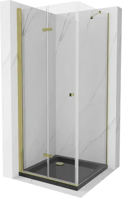 Produktbild von Mexen Lima klappbare Duschkabine 80 x 80 cm, Transparent, Gold + Duschwanne Flat, Schwarz - 856-080-080-50-00-4070G