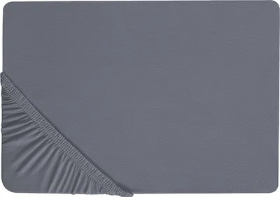 A close-up view of a dark gray fitted sheet, showing the elasticized corner.