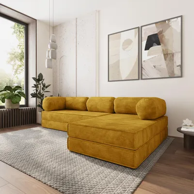 Produktbild von Masseno Ecksofa ETERA mit Schlaffunktion, Modulares Schlafsofa aus Schaumstoff, Klappbares Bodensofa - Gelb, POSO 01