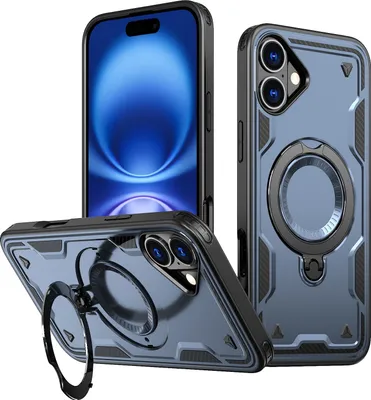 Produktbild von Dual Layer Hülle für iPhone 16 Metall Ring Ständer Magnetisch Stoßfest Militär Handyhülle Blau