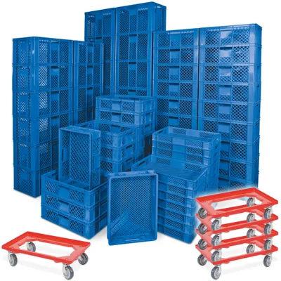 Produktbild von 78 Stück Stapelkörbe/Bäckerkästen in 5 Größen, Grundmaß LxB 600 x 400 mm, H 90 mm, 150 mm, 240 mm, 320 mm, 410 mm, Farbe blau + 5x Transportroller, rot