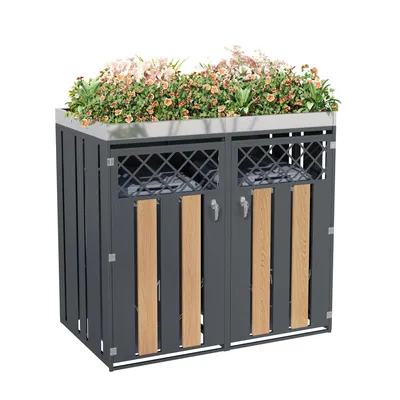 Produktbild von Mülltonnenbox für 2 Tonnen bis 240L Mülltonnenverkleidung aus verzinktem Stahl mit Pflanzdach & Schloss, Mülltonnenschrank Holzoptik Grau, 132 x 80 x 122 cm