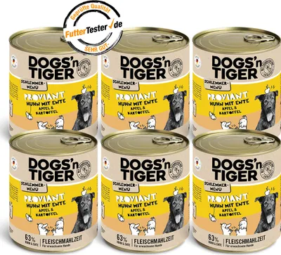 A group of six cans of dog food are arranged in two rows of three.