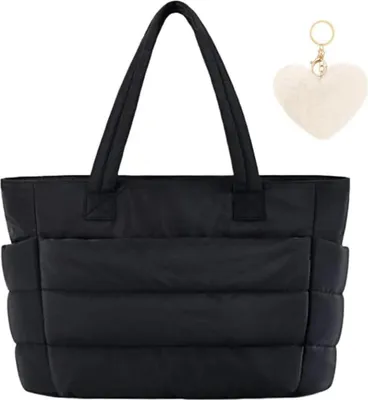 Productafbeelding van Schoudertas dames, gewatteerd, groot, handtas, hobobag, zwart, 35x26x14 cm