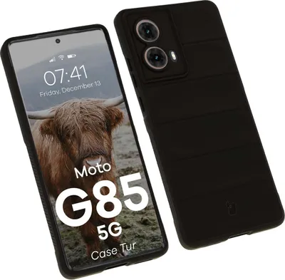 A black phone case is shown next to a smartphone displaying a bull image and text.