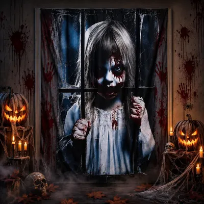 Productafbeelding van Halloween raamdecoratie, 120x80 cm. Enge Halloween-raamdecoraties, horror-raamgordijn voor raam, deur, muur, feest, binnen- en buitendecoratie