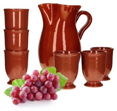 Produktbild von 7tlg.-Set: Tonkrug 1.9L + 6 Tonbecher 175ml Ton-Geschirr rotbraun glasiert Servier-Kanne Tassen