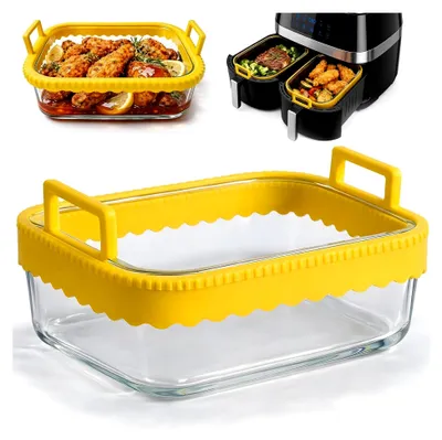 Produktbild von Auflaufform aus Glas, 1,4L mit Deckel, Silikongriffen und abnehmbarem Silikonring, für Heißluftfritteuse, Zubehör für Airfryer, hitzebeständig, kratzfest