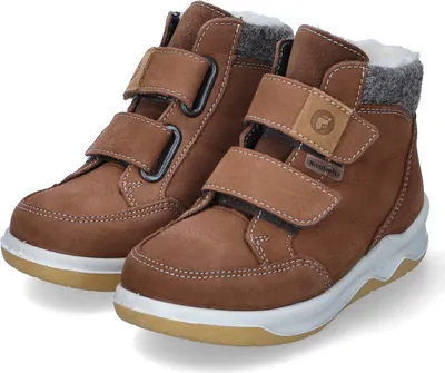 A pair of brown children's boots with white soles and gray trim.