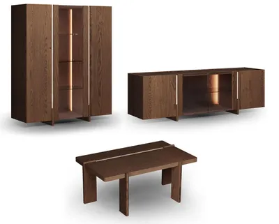 Produktbild von Wohnzimmer-Set Travertino 3-teilig Wildeiche Tabak Massivholz Naturstein wählbar,mit Travertin Naturstein