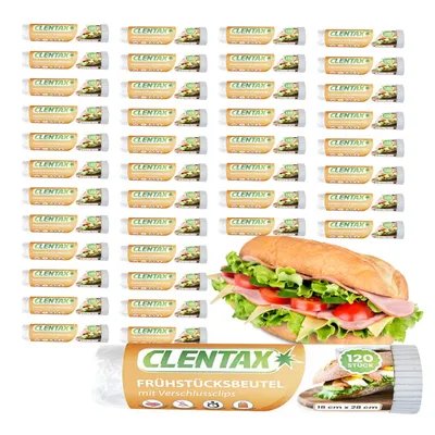 Produktbild von CLENTAX Frühstücksbeutel 48er Pack x 120 Stück Frischhaltebeutel mit Verschlussclips - flüssigkeitsdicht und frischhaltend