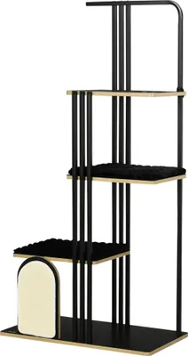 A modern, multi-level cat tree with black metal supports and wooden platforms, featuring black plush cushions and a cream-colored scratching panel.