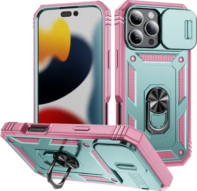Obrázek produktu pro Pouzdro pro iPhone 16 Pro posuvná ochrana kamery, robustní nárazuvzdorné, s držákem prstenu, stojánkem a držákem na karty zelené Růžový