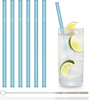 Image de HALM Bleu NEON Pailles en verre, lot de 6, 20 cm, 6 couleurs fluo, + brosse de nettoyage sans plastique - Lavables au lave-vaisselle - Durables - Pailles en verre pour cocktails, smoothies, jus