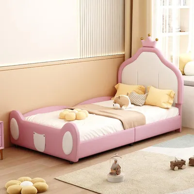 Immagine prodotto di Letto singolo imbottito 90x200 cm per bambini, con testiera a forma di , rivestito in ecopelle bianca/rosa, ideale per la cameretta