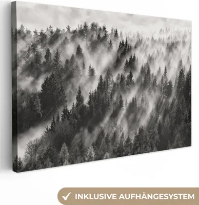 Produktbild von OneMillionCanvasses® - Leinwandbilder - 140x90 cm, Landschaft - Nebel - Wald - Natur, Wandbilder Kunstdruck Wanddekoration - Foto auf Leinwand - Gemälde auf Holzrahmen