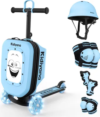 Produktbild von Kidiyana Kinder Scooter mit Koffer Blau + Kinderhelm XS Blau + Schutzausrüstung S – 3er Sicherheits-Set – Roller für Kinder ab 2 Jahren