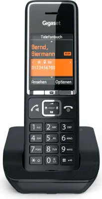 A black Gigaset cordless phone is shown in its charging cradle against a white background.