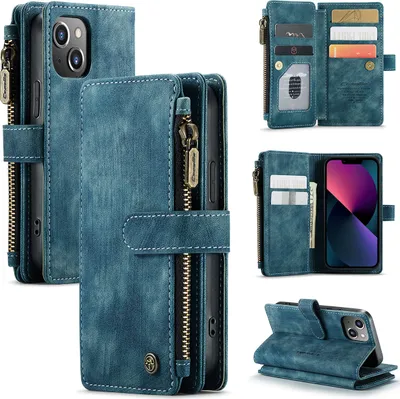 Immagine prodotto di custodia per iPhone 13, custodia in Finto cuoio con cerniera, chiusura magnetica, tasca per carte, supporto, portafoglio, custodia protettiva per iPhone 13 blu