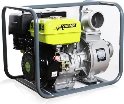 A close-up studio shot of a water pump with a gasoline engine.