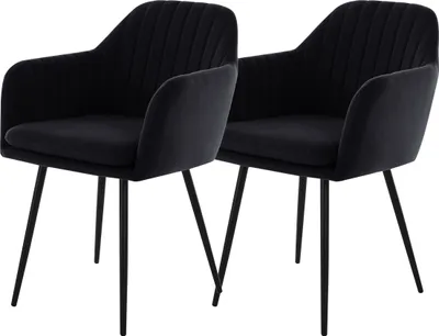 Produktbild von Hela Tische, 2er Set Armlehnstuhl Sessel MILA -Microfaser Samt Schwarz -Streifensteppung - gepolsterte Sitzschale -Metallfüße Schwarz -120kg belastbar
