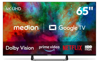 Produktbild von MEDION 163,9 cm (65 Zoll) Fernseher (Smart TV, 4K, Dolby Vision HDR, Prime Video, Disney+, kompatibel mit Google TV, PVR, Bluetooth, MD 865401)