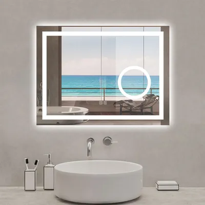 Image de Miroir de salle de bain 80x60cm, LED tricolore + Bluetooth + loupe + mémoire + dimmable + anti-buée, IP44