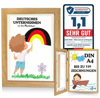 Fotorahmen A4 für Kinderzeichnungen, Holz, aufklappbar, bis 150 Blatt