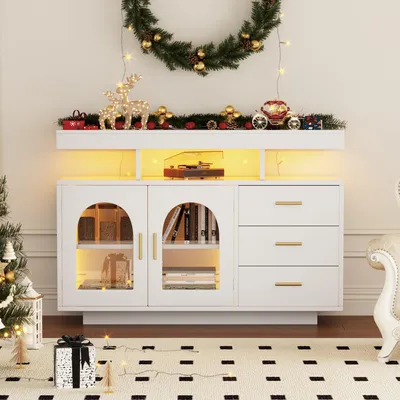 Immagine prodotto di Mobile bar/credenza LED bianca, 120 cm, con illuminazione LED controllabile tramite app, tre cassetti e due ante