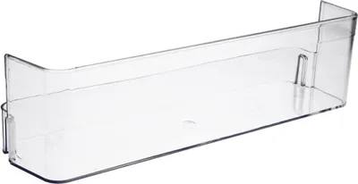 A clear plastic refrigerator shelf or bin shown against a white background.