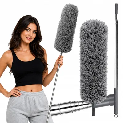 Zdjęcie produktu dla Szczotka do kurzu – teleskopowa szczotka do kurzu – szara – 280 cm – 3 wymienne końcówki – 2 w 1