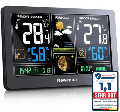 Zdjęcie produktu dla Bezprzewodowa stacja pogodowa z czujnikiem zewnętrznym, prognoza pogody, alarm temperatury, radio DCF, kolor czarny