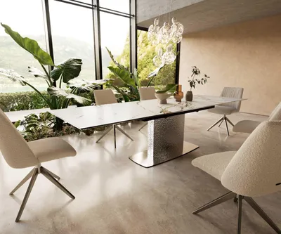 Produktbild von DELIFE Esstisch Edge 200-300x100 Keramik Calacatta Luxe Weiß-Gold-Grau Wave Edelstahl ausziehbar