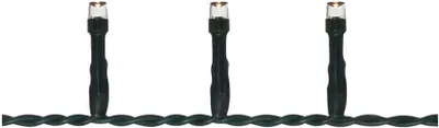 Three LED lights on a dark green wire against a white background.